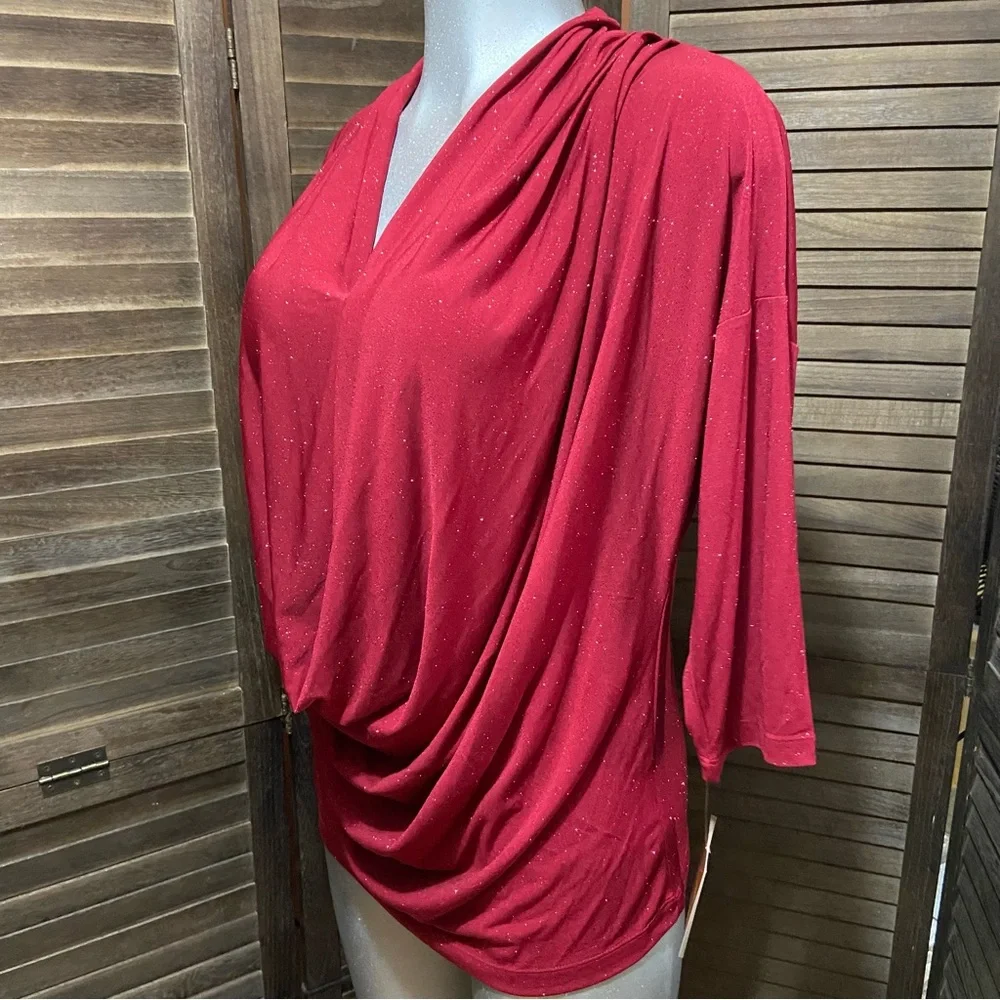Ellen Tracy Red Draped Blouse Top V Neckline Sequined 3/4 Sleeve Lagenlook Party